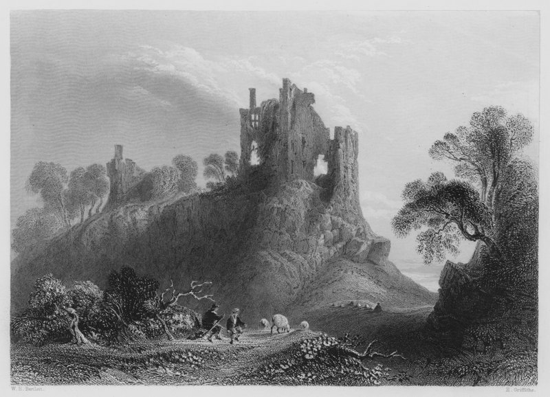 Carrigogunnell Kasteel, nabij Limerick (gravure) door William Henry (after) Bartlett