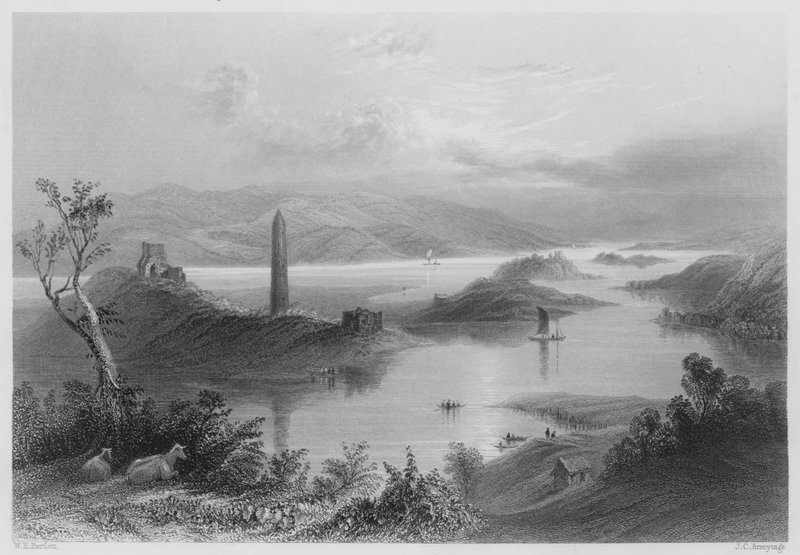 Devenish Eiland, Loch Erne (gravure) door William Henry (after) Bartlett
