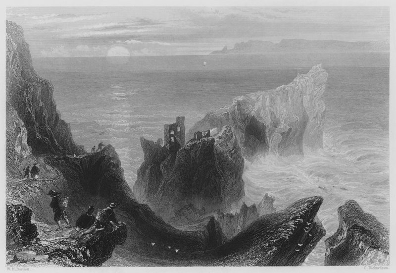 Kenbane Kasteel, County Antrim (gravure) door William Henry (after) Bartlett