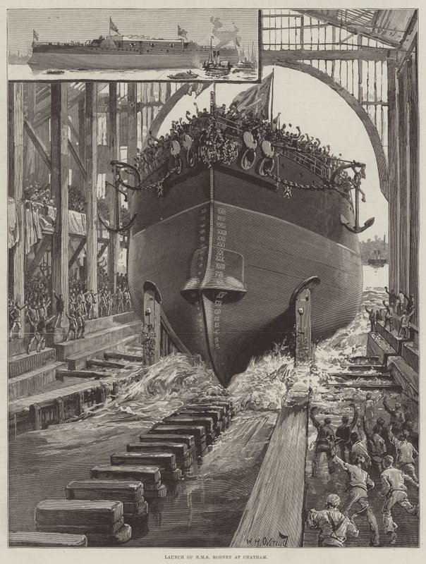 Te water laten van HMS Rodney in Chatham door William Heysham Overend
