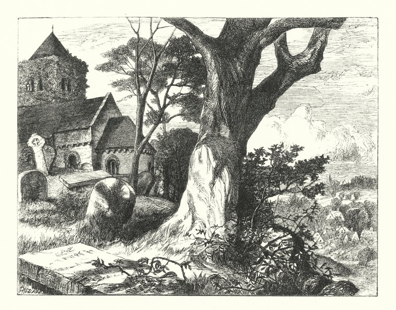 Het Kerkhof van het Dorp (gravure) door William Paton Burton