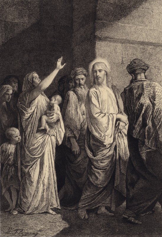 Een vrouw verheerlijkt Jezus door after Albert Robida