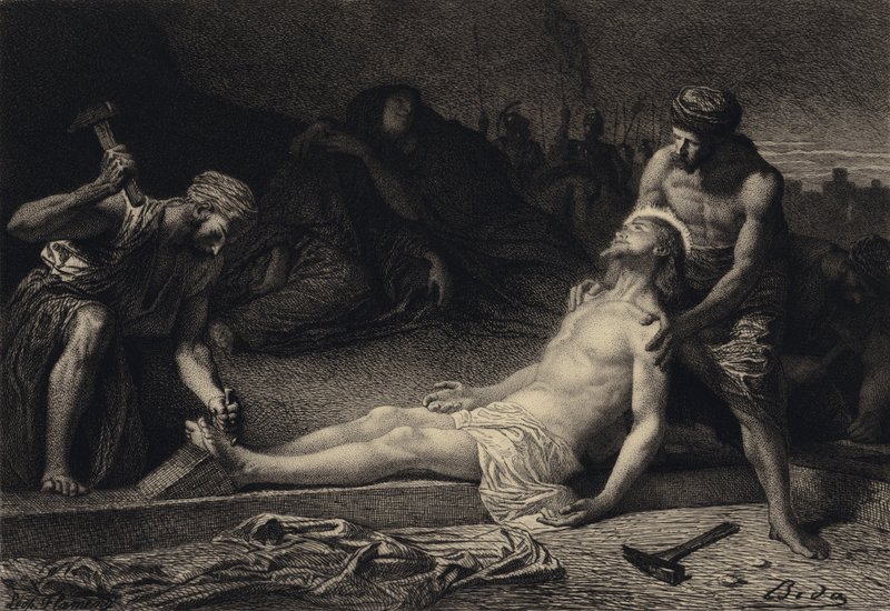 Jezus aan het kruis genageld door after Albert Robida