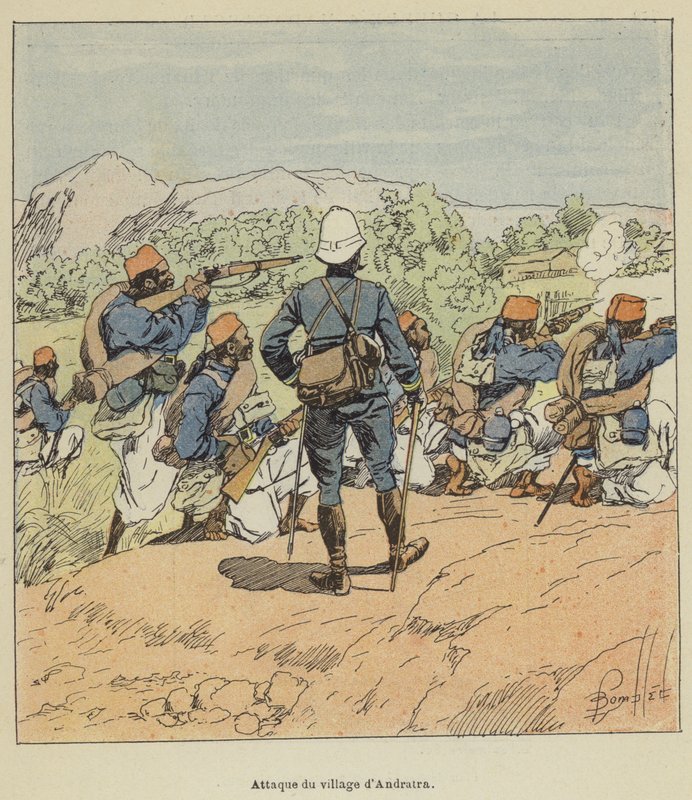 Aanval op het dorp Andratra door after Louis Charles Bombled