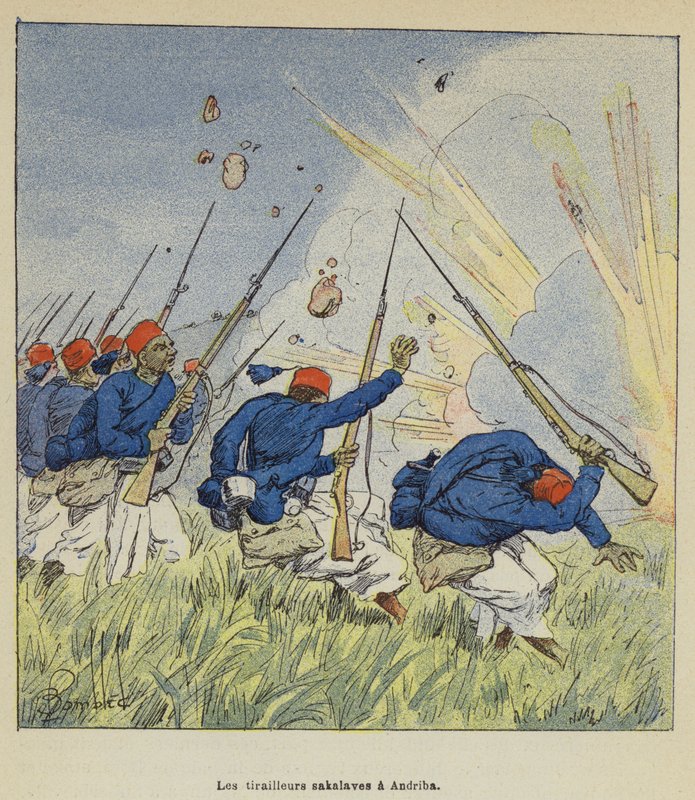 Sakalava-scherpschutters in Andriba door after Louis Charles Bombled