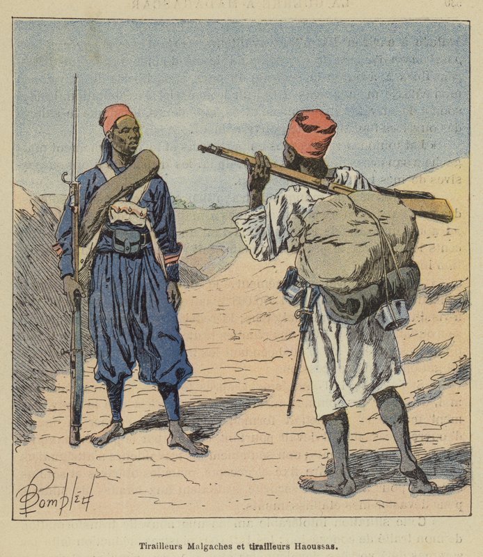 Malagassische en Haussa-scherpschutters door after Louis Charles Bombled